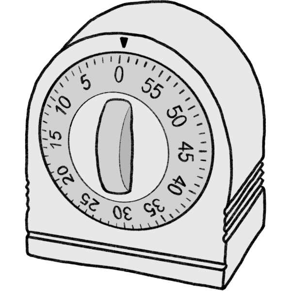 drawing of a white visual kitchen timer. The timer goes from 5 minutes to 55 minutes.